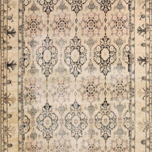 Beige rug with repeating dark medallions and pink floral details, framed by several ornate borders.