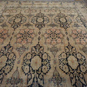 Ornate beige rug featuring repeating black and coral medallions is displayed upon distressed wooden planks.