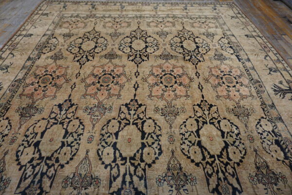 Ornate beige rug featuring repeating black and coral medallions is displayed upon distressed wooden planks.