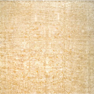 Ornate beige and cream low-pile rug with a distressed floral pattern and decorative outer border.