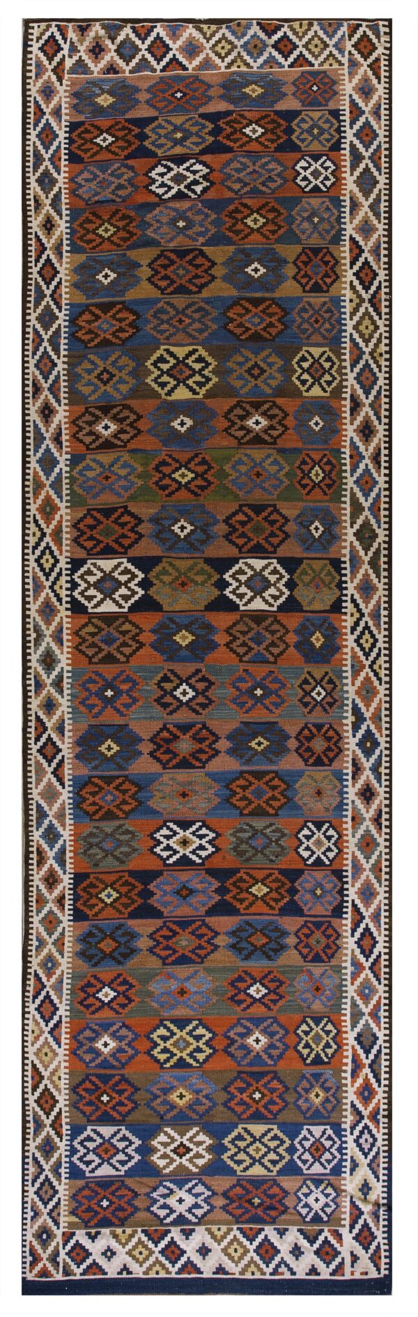 Colorful flatweave rug with repeating geometric patterns arranged in contrasting horizontal stripes.