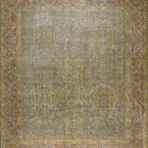 Muted, low-pile rug with a detailed gold and tan pattern set against a pale blue field and red border.