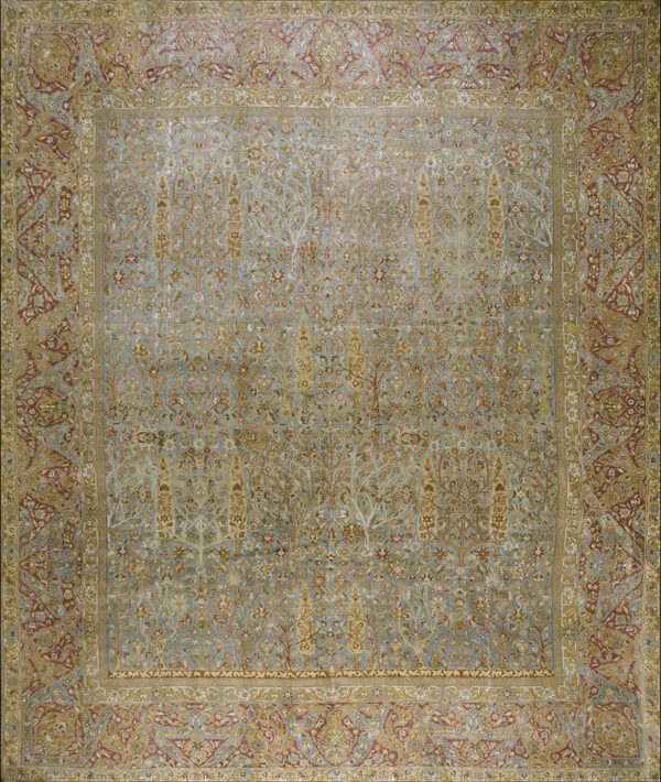 Muted, low-pile rug with a detailed gold and tan pattern set against a pale blue field and red border.