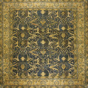 Ornate traditional rug with a deep indigo field, stylized gold birds, vines, and a complex yellow border.