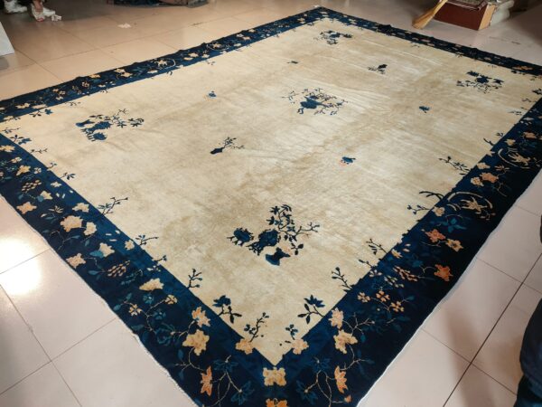 Beige rug featuring sparse blue and tan floral motifs, surrounded by a thick navy patterned border.