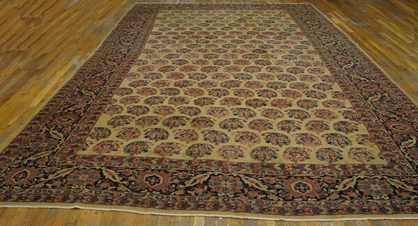 Large rug on wood floors featuring a light tan field with repeating fan motifs and an intricate dark border.