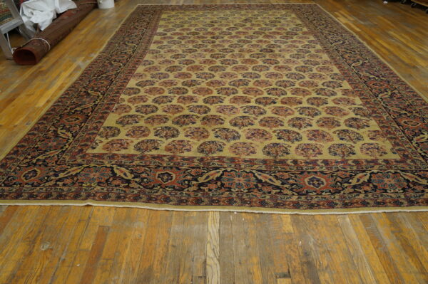 Large rug featuring a light yellow field with repetitive stylized fan motifs and an intricate navy floral border on wood floors.