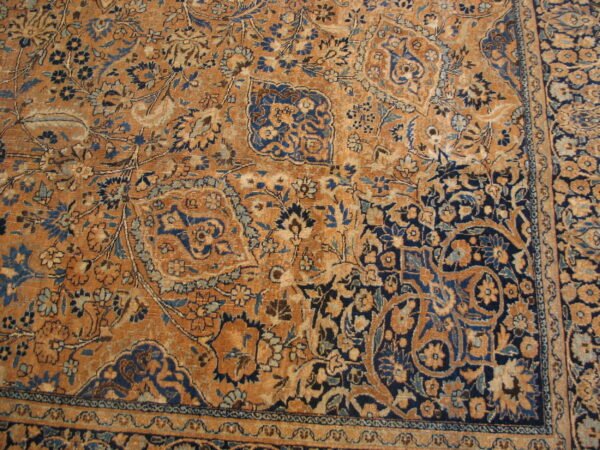 Rust and indigo rug with detailed floral and vine patterns and a visible ornamental border.