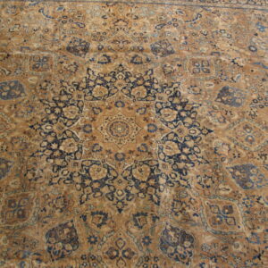 Low-pile oriental rug with a central star medallion and dense botanical designs in tan, navy, and muted blue.