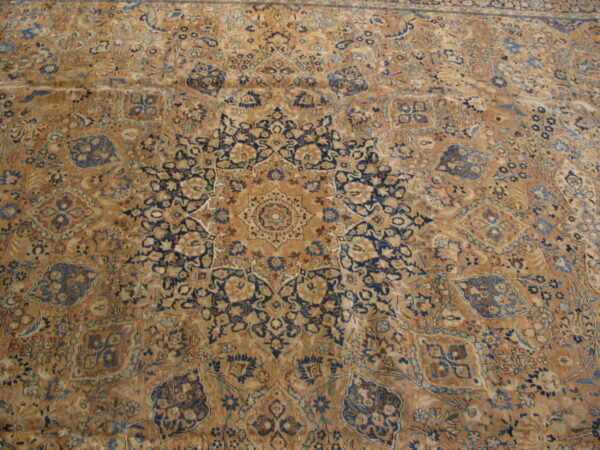 Low-pile oriental rug with a central star medallion and dense botanical designs in tan, navy, and muted blue.