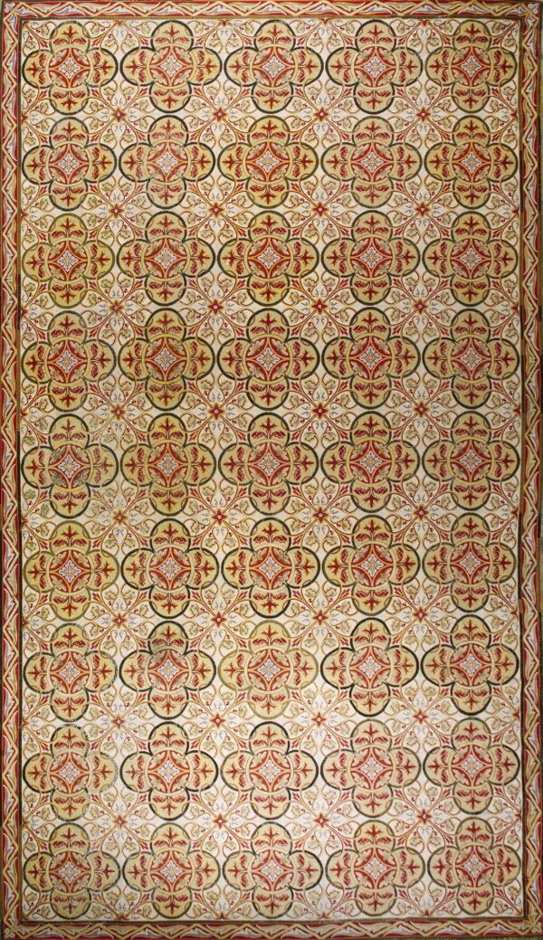 Repeating geometric and floral rug pattern featuring red, gold, cream, and olive green colors.