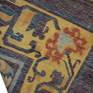 Detail of a woven rug featuring geometric and floral patterns in mustard yellow, purple, blue, and burnt orange.