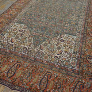 Floral patterned rug with teal and rust colors, featuring a border of large paisley motifs on wood flooring.
