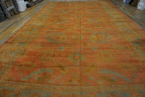 Large low-pile orange rug featuring sage green and gold traditional patterns on wood flooring.