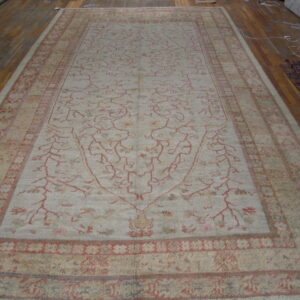 Light beige rug with a sparse red vine pattern and geometric borders covers a wood floor.