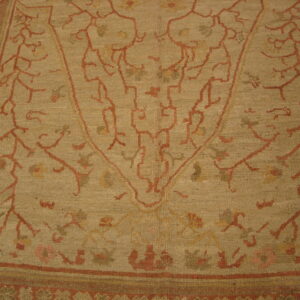 Traditional low-pile rug close-up showing rust vine patterns and green florals on a tan background with a matching border.