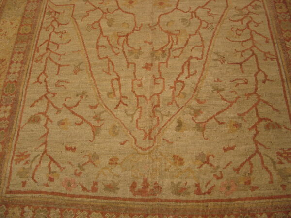 Traditional low-pile rug close-up showing rust vine patterns and green florals on a tan background with a matching border.