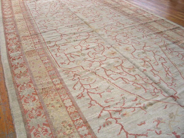 Textured gray-beige rug featuring rusty-red vine patterns and ornate borders on a wood floor.