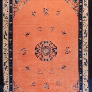 Coral rug with blue scattered floral and butterfly patterns, surrounded by detailed cream and navy borders.