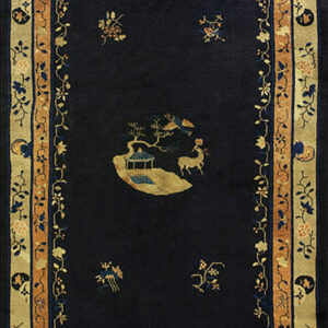 Navy runner rug featuring gold and tan borders, a central pavilion scene, and scattered floral elements.