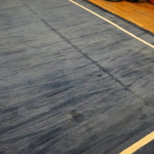 Plush blue rug with abrash texture and a white stripe displayed on light brown hardwood flooring.