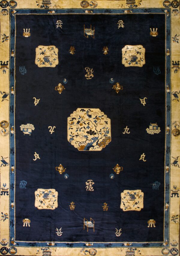 Elegant blue chinese knotted rug design