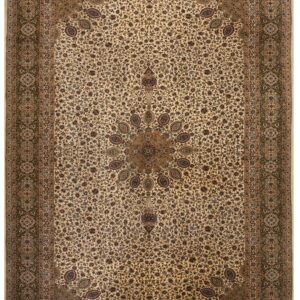 Ornate cream rug with an all-over floral pattern, a central medallion, and wide olive green borders.