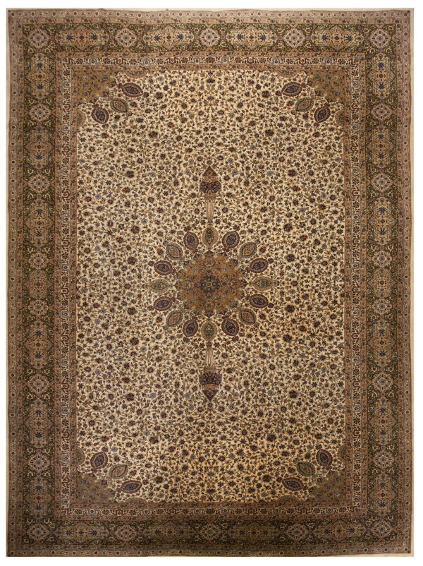 Ornate cream rug with an all-over floral pattern, a central medallion, and wide olive green borders.