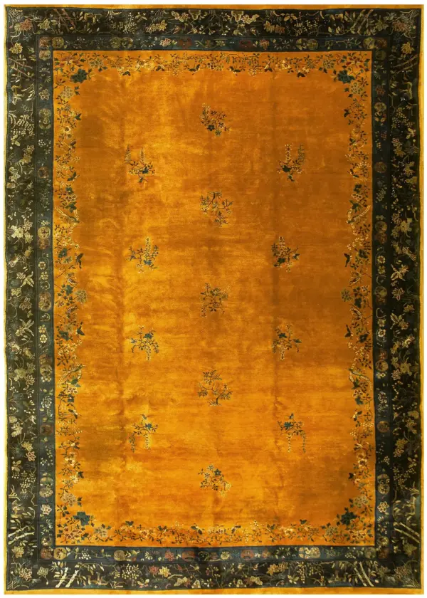 Antique large room size yellow gold color floral chinese art deco carpet by rugs on net