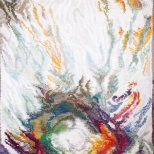 A shaggy white rug featuring a bold abstract design in multicolor, textured swirls.