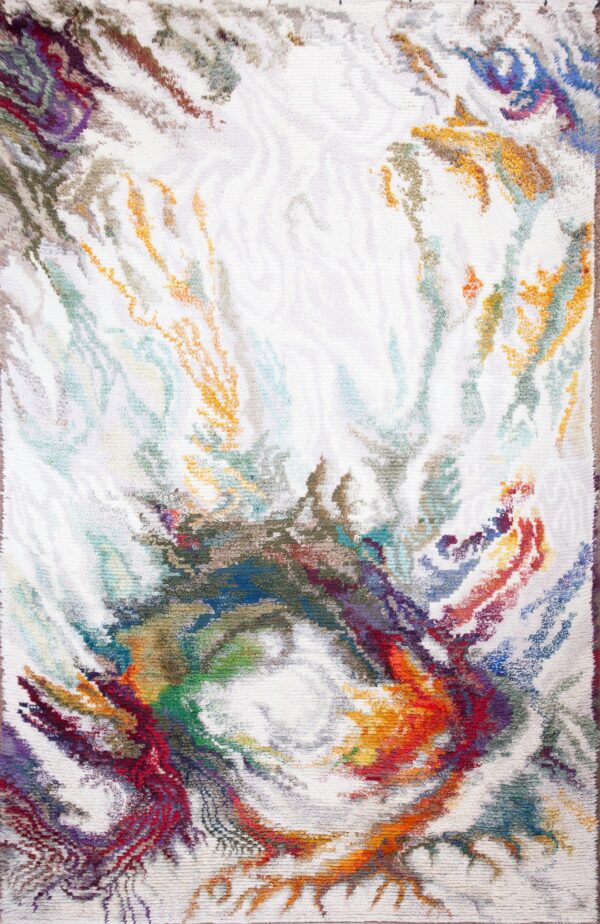 A shaggy white rug featuring a bold abstract design in multicolor, textured swirls.