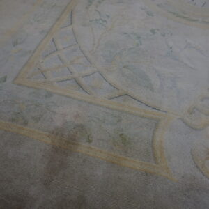 Pale blue patterned rug border with yellow trellis lines, subtle floral elements, and dark wood flooring visible.