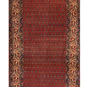 Narrow red rug runner with dense repeating motifs and dark blue and beige detailed side borders.