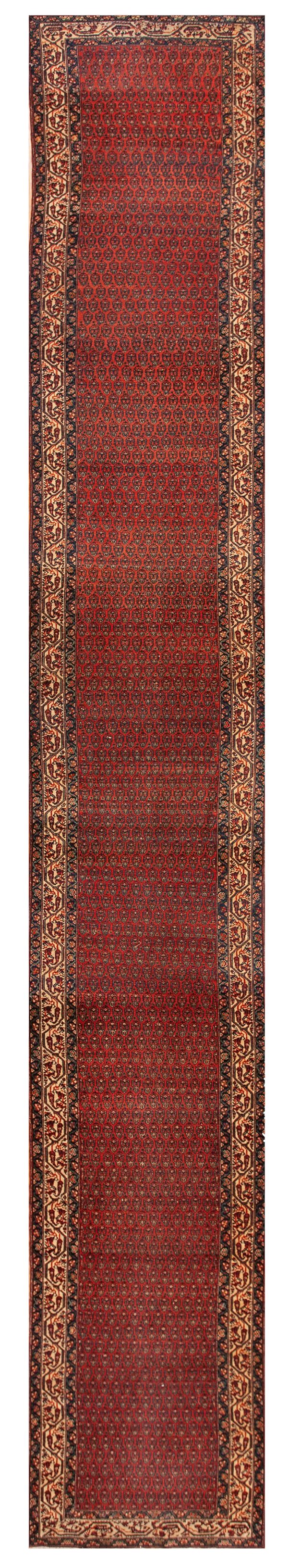 Narrow red rug runner with dense repeating motifs and dark blue and beige detailed side borders.