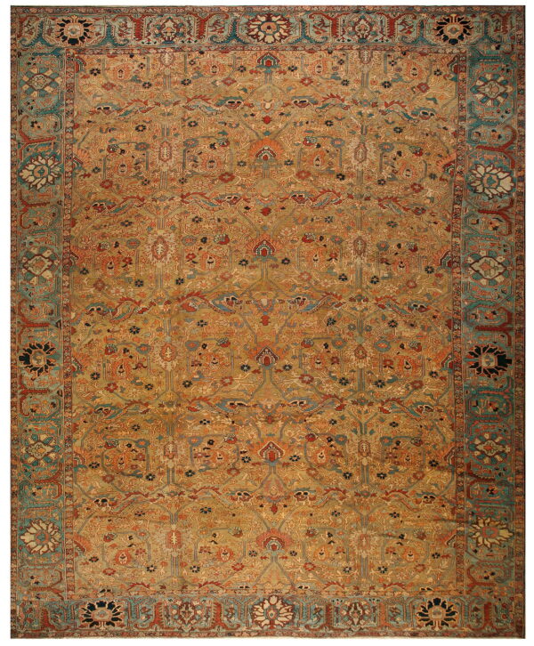Low-pile rug with a complex all-over design of gold, terracotta, and dark teal floral motifs.