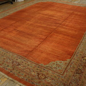 Burnt orange area rug with a streaked field and intricate border of green, teal, and brown florals.