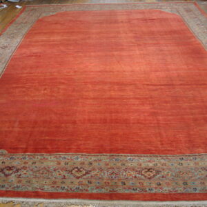 Large reddish-orange rug featuring a complex multicolored traditional border displayed on hardwood flooring.