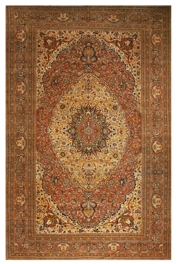Highly detailed traditional rug featuring a cream and gold floral medallion on a rust red field.