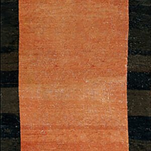 Long rust-colored runner rug featuring subtle horizontal striations laid upon dark, striped flooring.