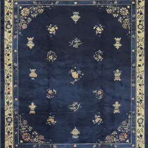 Antique Late 19th Century Navy Blue Chinese Floral Peking Rug by Rugs On Net