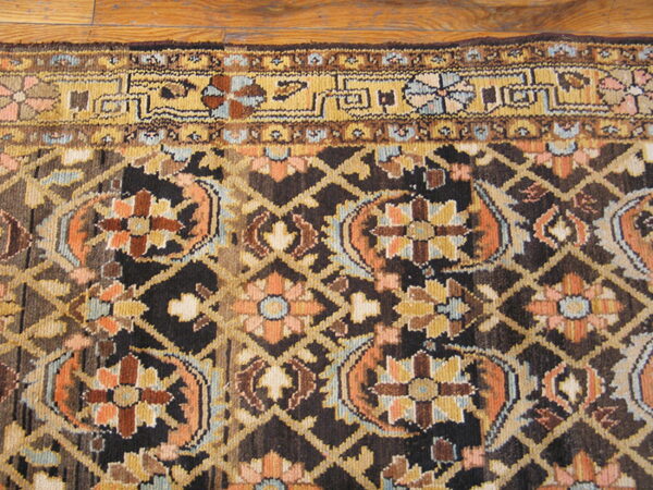 Dark rug detail shows a brown trellis, gold and orange florals, and a wide border against wood flooring.