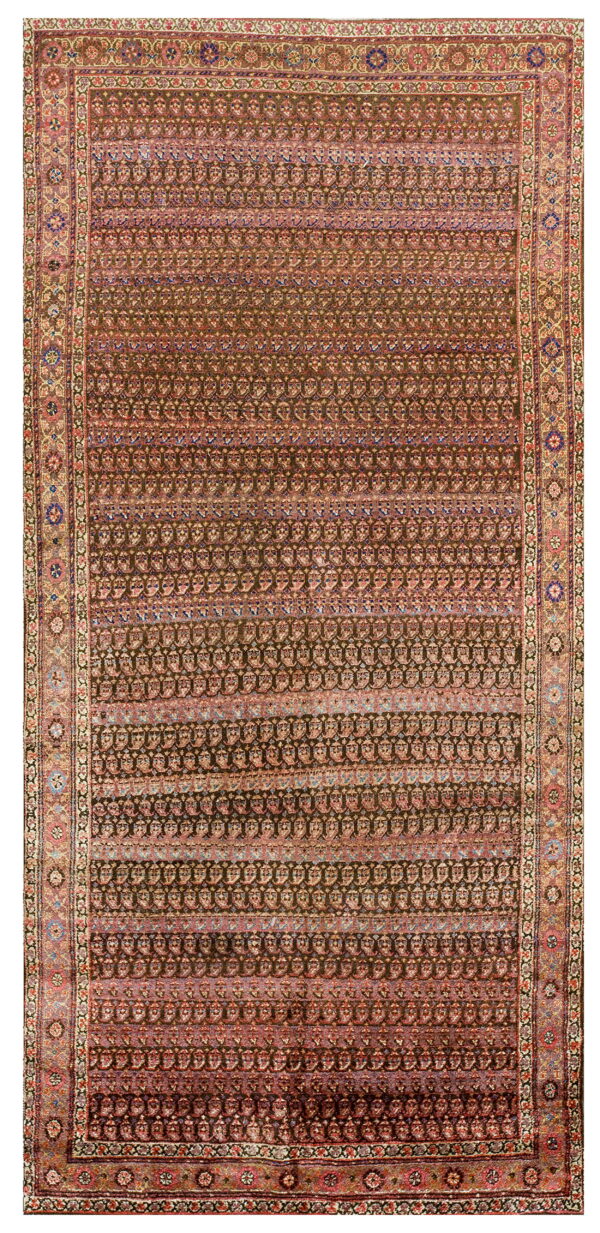 Traditional rug with dense alternating rows of brown and reddish-brown boteh motifs and a complex border.