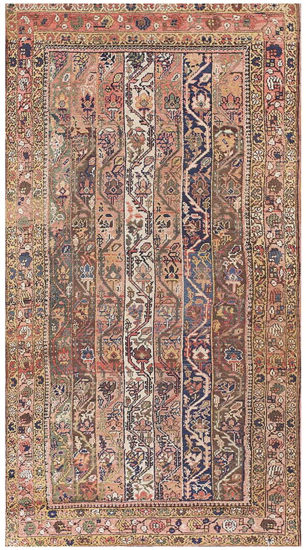 Rose, navy, and earth-toned striped rug featuring detailed botanical motifs and a multi-layered border.