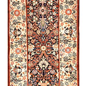 Long runner rug with a multi-colored dark floral field and wide, intricately patterned beige borders.