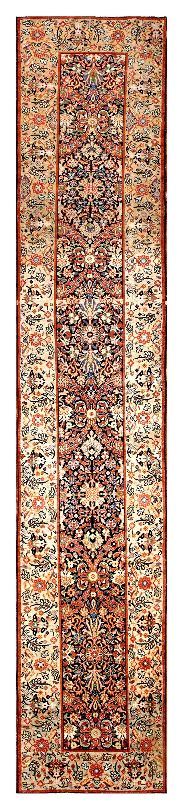 Long runner rug with a multi-colored dark floral field and wide, intricately patterned beige borders.
