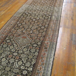 Dark brown traditional runner with beige, tan, and rust accents, centered on distressed wood floorboards.
