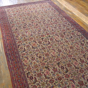 Long beige rug featuring a detailed paisley and floral pattern with red borders on wood flooring.
