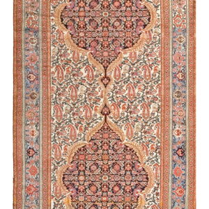 Traditional cream runner rug with ornate red, navy, and light blue borders surrounding paisley designs.
