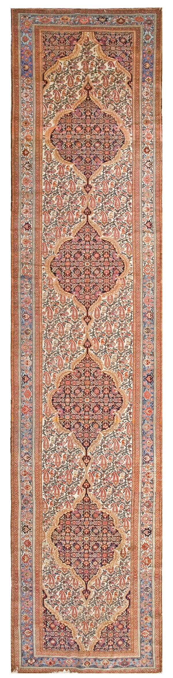 Traditional cream runner rug with ornate red, navy, and light blue borders surrounding paisley designs.