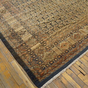 Tan and dark blue patterned rug with complex rustic borders resting on aged wooden floorboards.